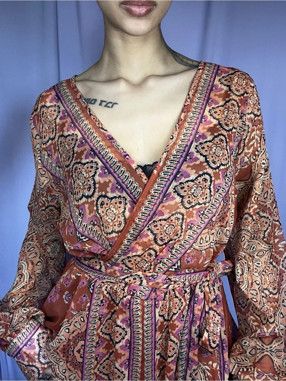 Spy Zone Exchange Coral Paisley Floral Wrap Maxi Dress Size L Long Sleeve Hippie